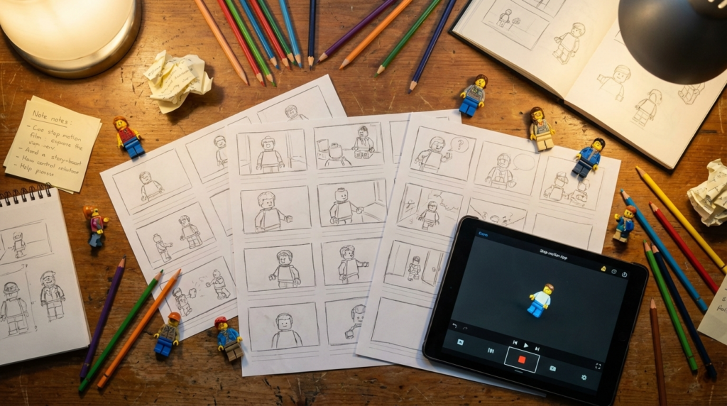 Vista superior de uma mesa com folhas de storyboard desenhadas à mão, lápis de cor e bonecos LEGO.