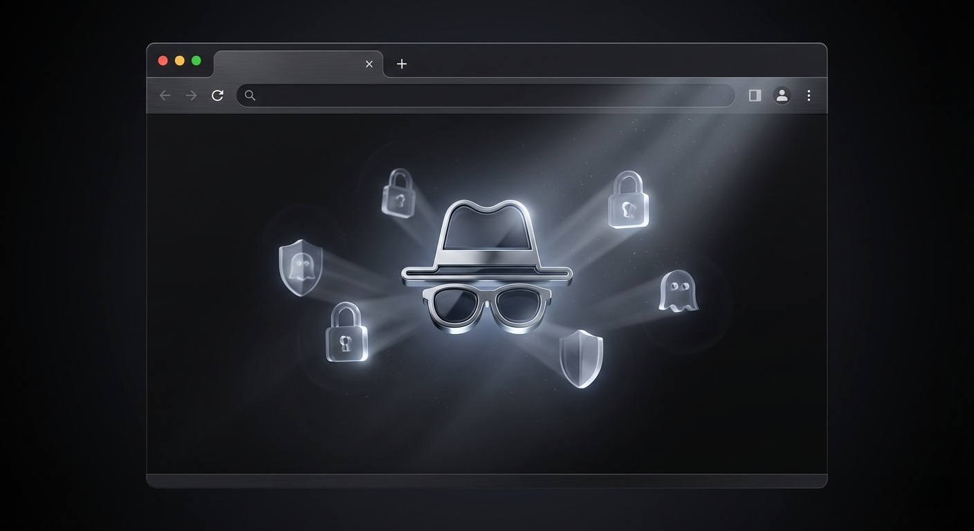 Ilustração 3D de uma janela de navegador em modo escuro (dark mode). No centro, um ícone flutuante de detetive com chapéu e óculos escuros, rodeado por escudos e cadeados translúcidos que simbolizam privacidade.