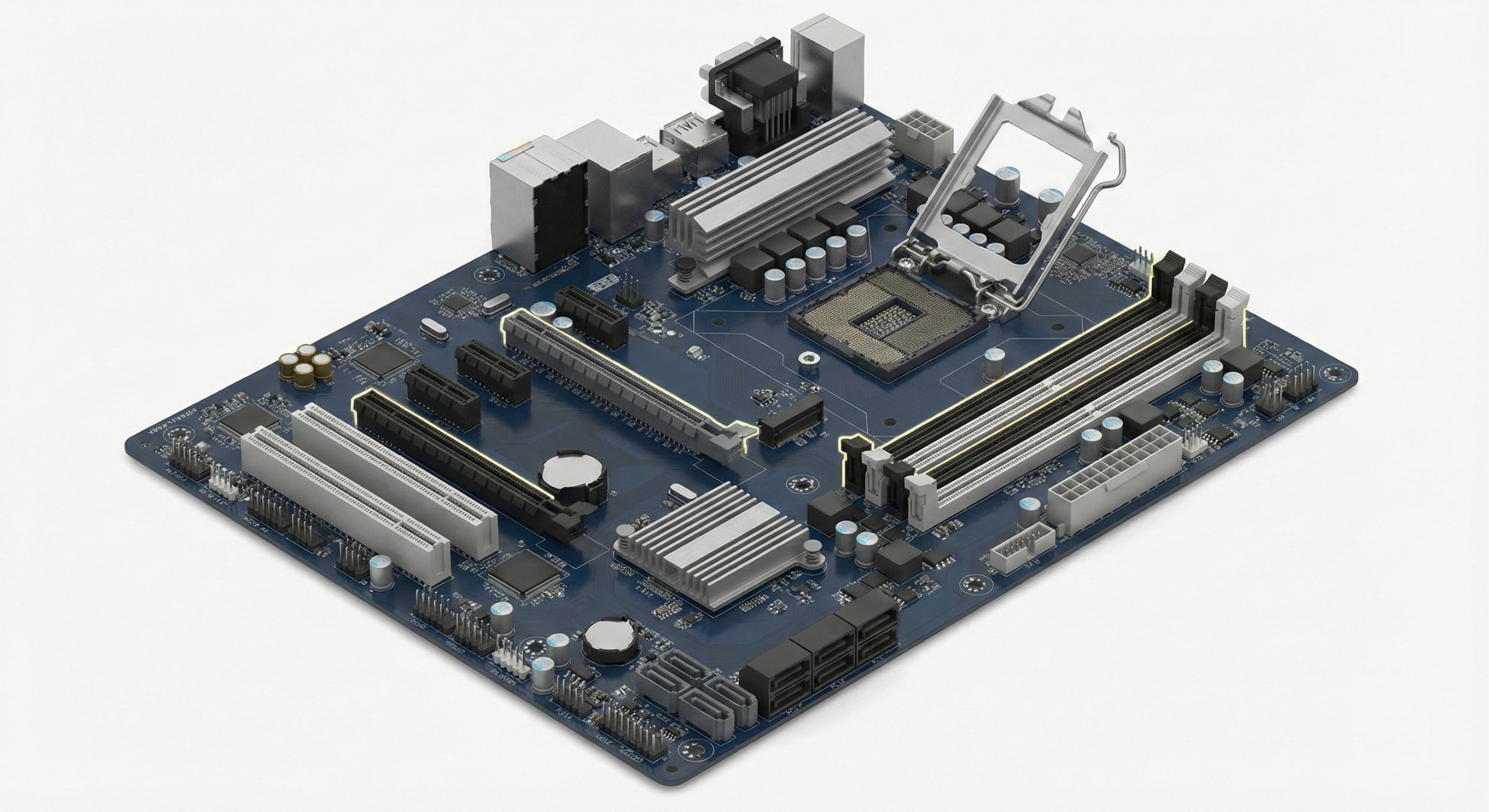 Vista superior isométrica de uma placa-mãe de computador azul e prata, destacando o socket da CPU e os slots de memória e expansão.