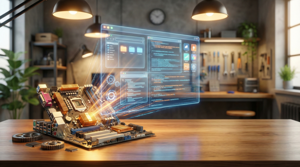 Placa-mãe sobre mesa de madeira integrada a uma interface holográfica de software e códigos.
