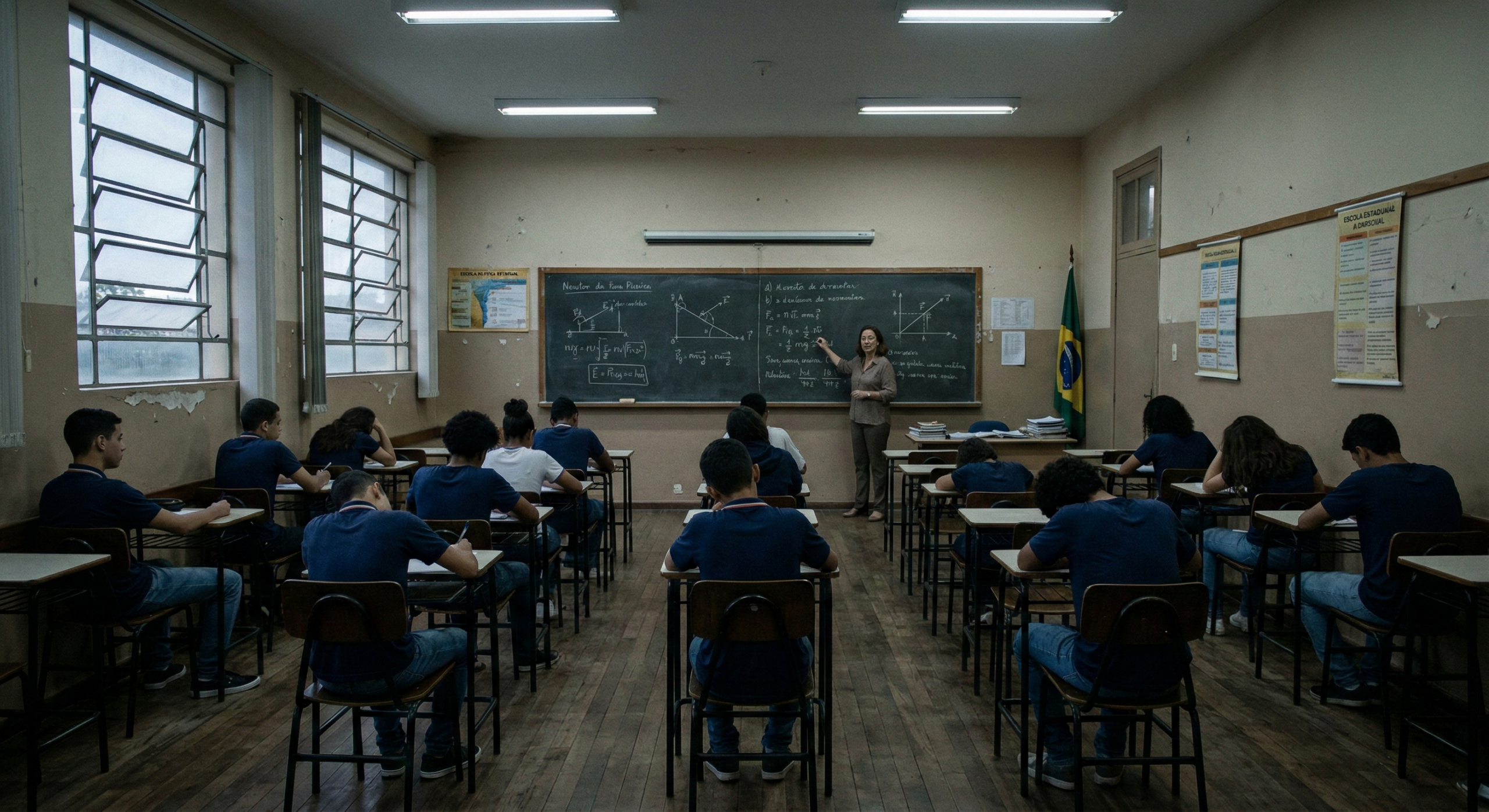 Vista panorâmica de uma sala de aula tradicional com alunos isolados, desinteressados e olhando para baixo.