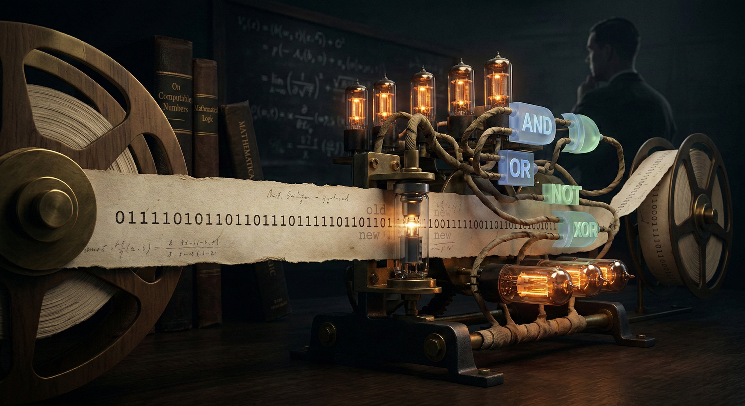 Uma fita de papel com código binário perfurado entrando em um mecanismo estilizado composto por válvulas incandescentes e símbolos de portas lógicas.