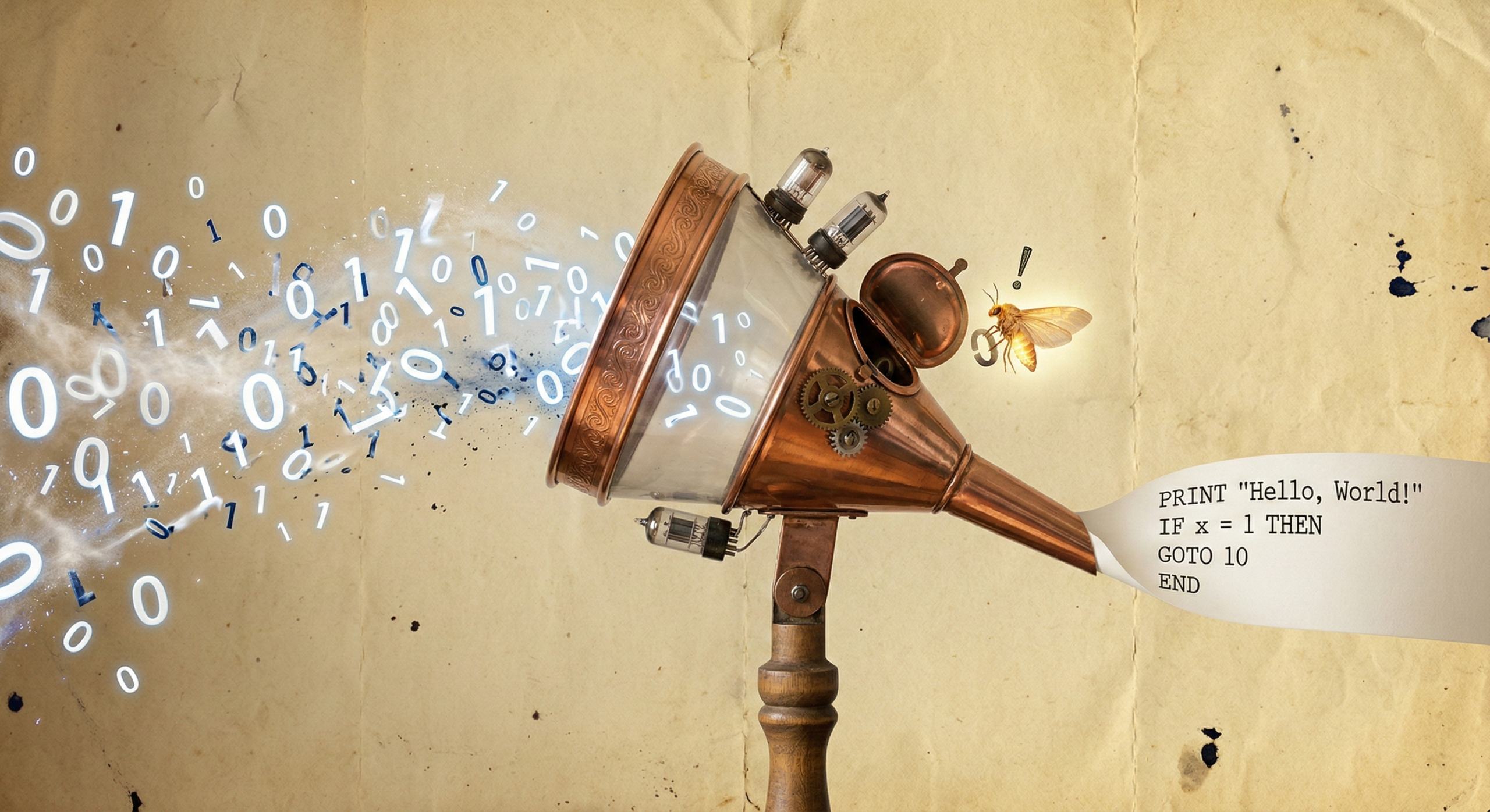 Um funil de metal antigo recebendo uma nuvem de números binários e expelindo uma fita com palavras em inglês; uma pequena mariposa brilha ao lado.