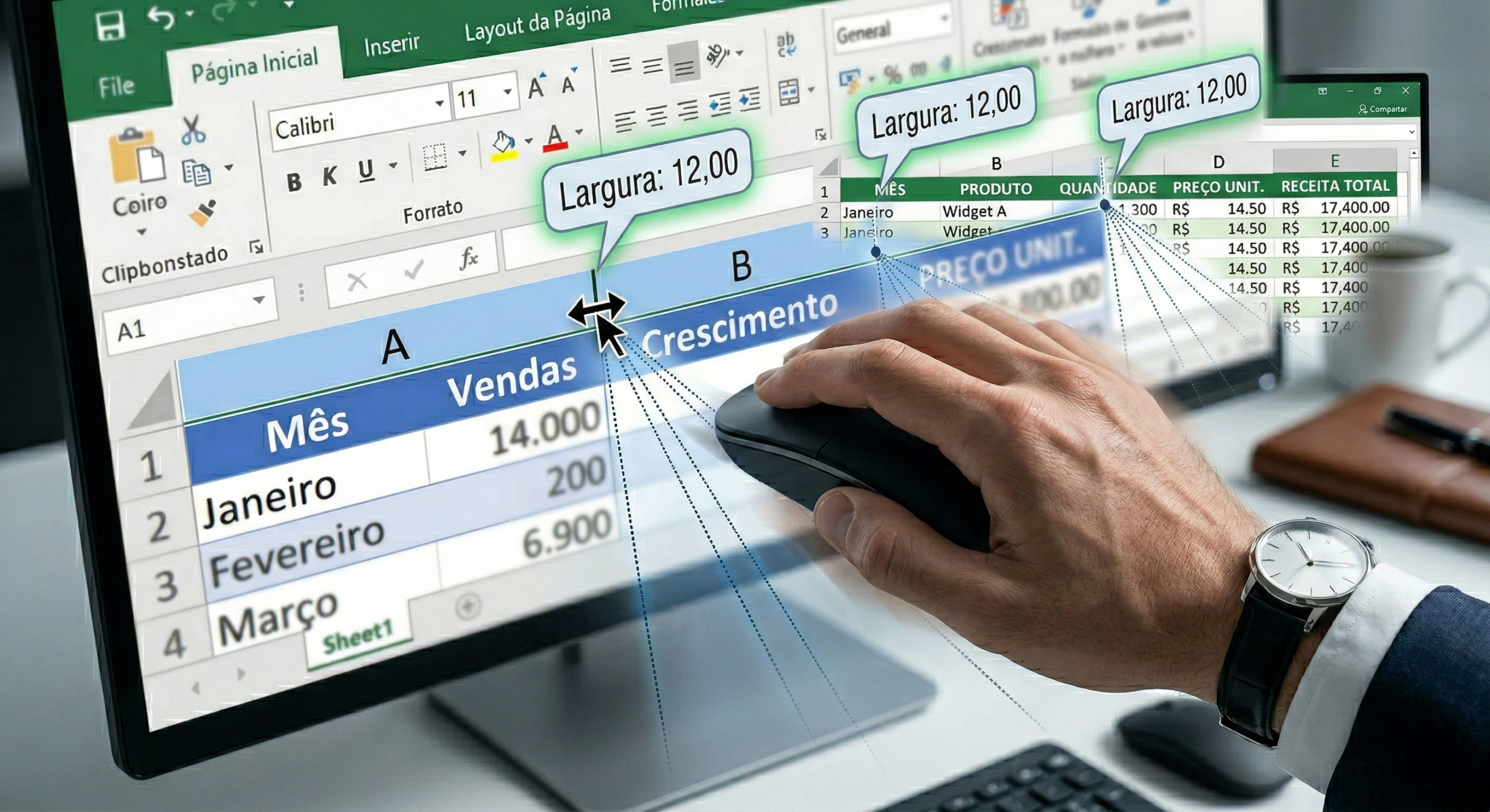 Close-up da interface do Excel mostrando as colunas A, B e C selecionadas e o cursor do mouse ajustando a borda entre A e B, enquanto as três colunas se redimensionam simultaneamente para a mesma largura.