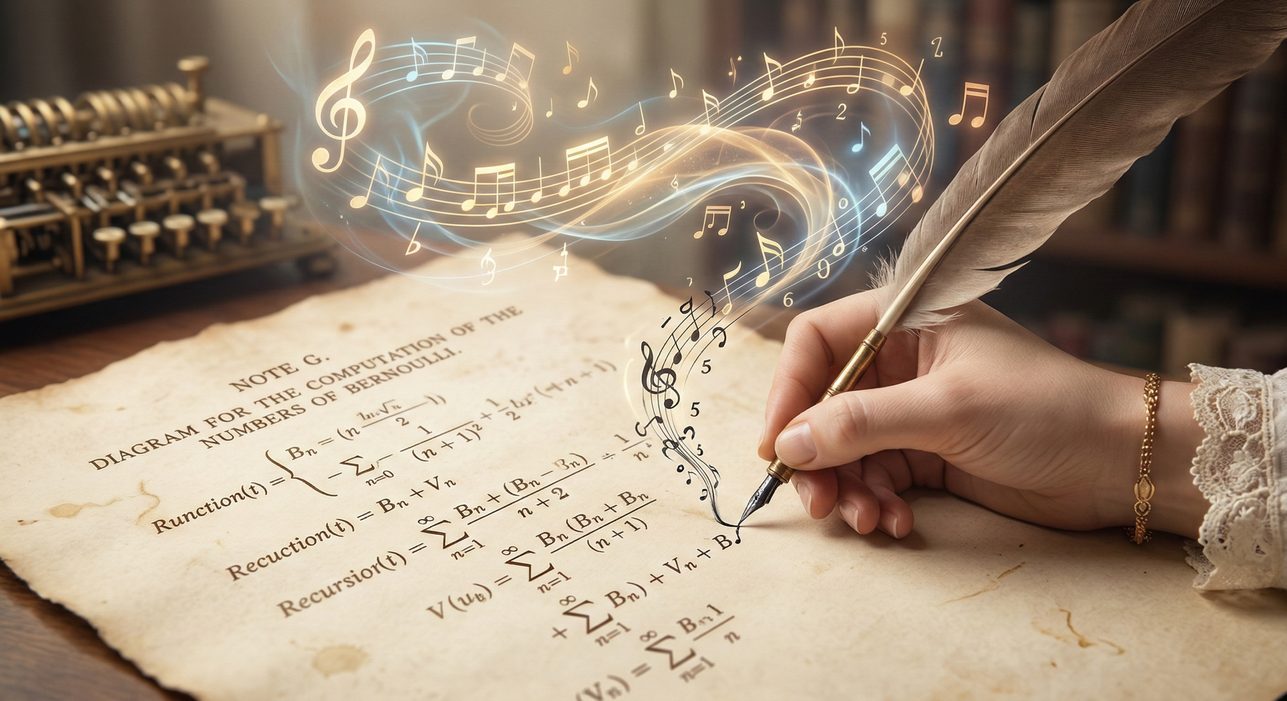 Mão de uma mulher vitoriana escrevendo com uma pena em papel antigo; a tinta se transforma visualmente em notas musicais e fios de luz dourada.