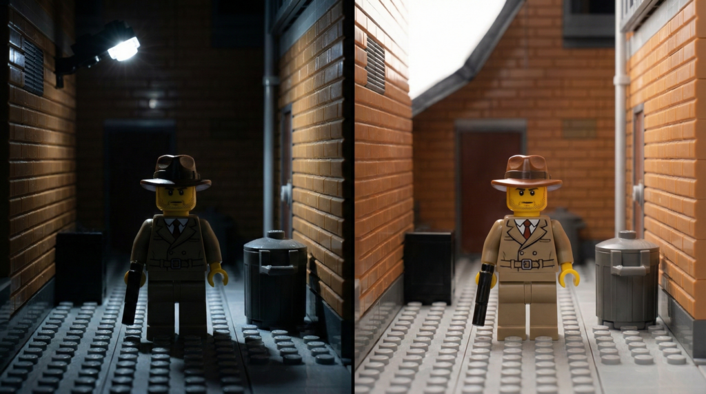 Comparação em tela dividida de um detetive LEGO sob luz forte com sombras nítidas (esquerda) e luz suave (direita).