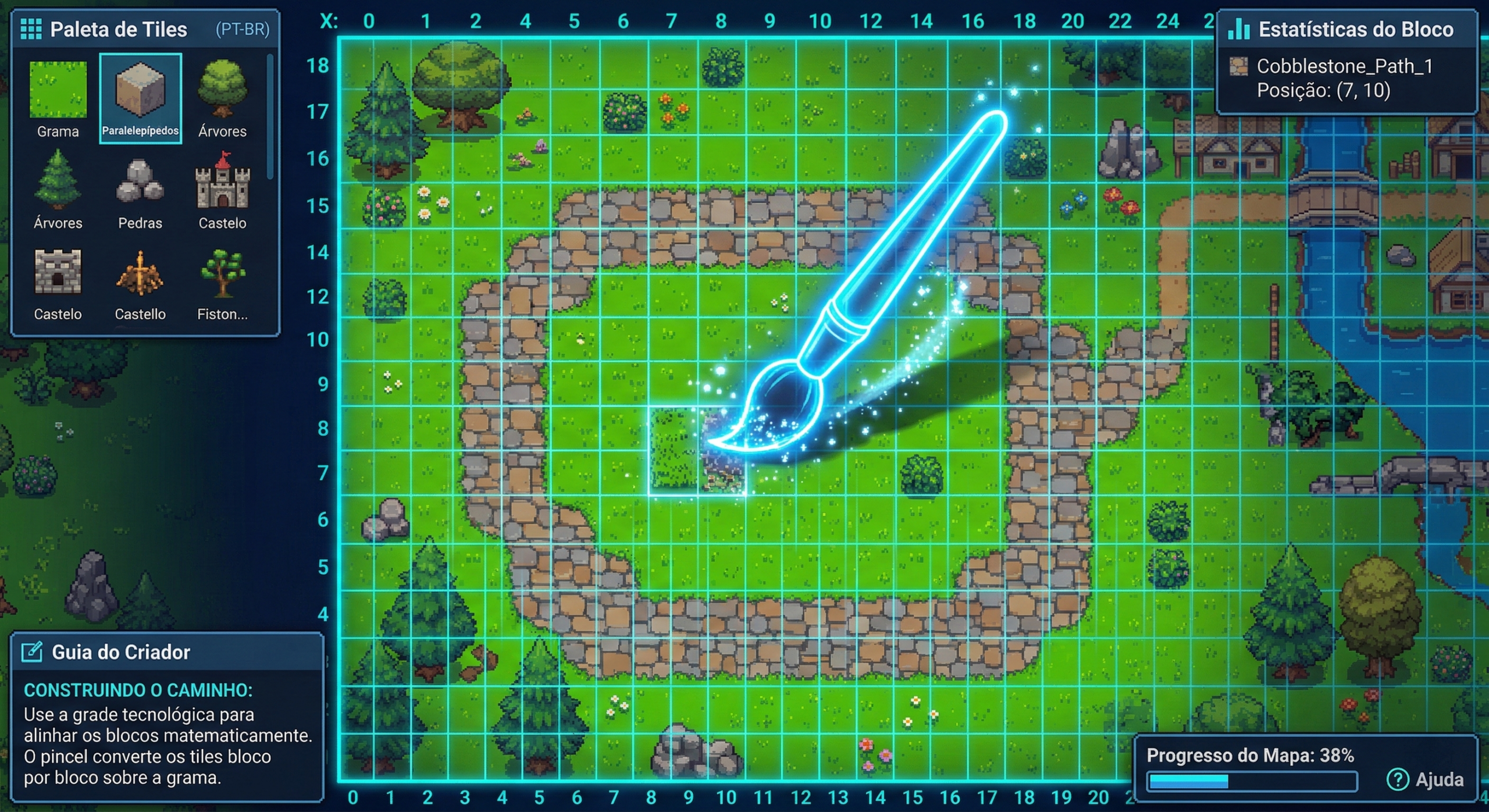 Ilustração de um mapa de grama sendo desenhado com malha quadriculada.