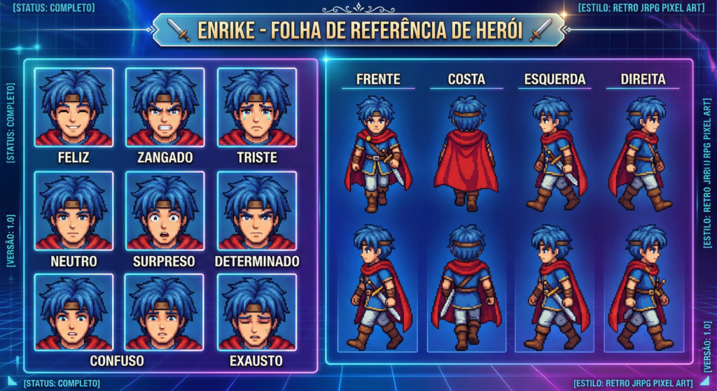 Folha de assets gerada para o protagonista Enrike, mostrando a organização técnica dos gráficos de rosto (FaceSet) e movimento (CharSet) necessários para o jogo.