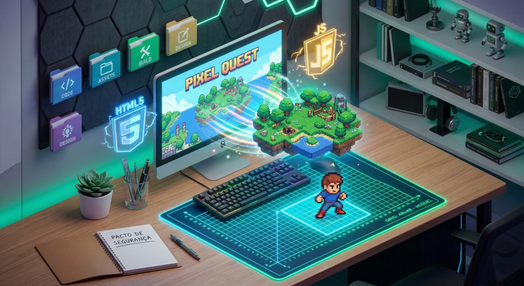 Ilustração isométrica 3D de um ambiente de trabalho tecnológico. Um monitor exibe um mundo em pixel art que "foge" da tela para o espaço físico. No centro, um pequeno herói de pixel art chamado Miguel está posicionado sobre um grid matemático neon de 48x48. Ícones flutuantes de HTML5 e JavaScript cercam a tela, e um caderno com a inscrição "Pacto de Segurança" repousa sobre a mesa.