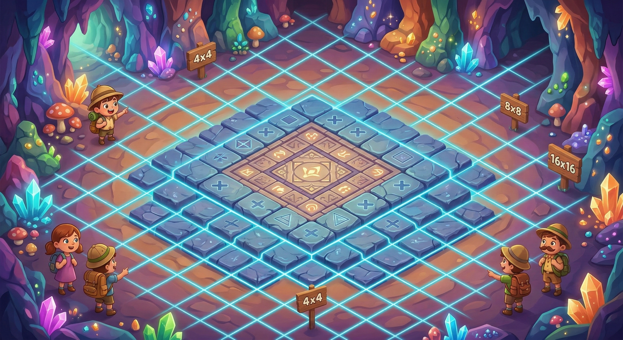 Tabuleiro mágico de pedra se estica em uma malha gigante com linhas de neon azul brilhante.