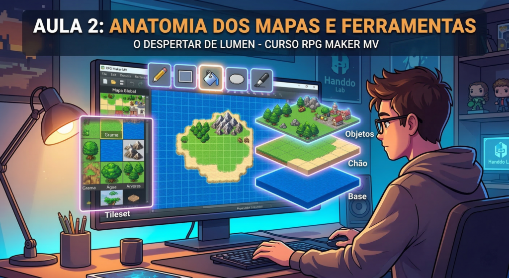 Um jovem desenvolvedor com óculos e hoodie trabalhando em um computador que exibe o software RPG Maker MV com o projeto "Mapa Global". Sobreposto no monitor, há um diagrama conceitual de "Anatomia dos Mapas" quebrando a criação em camadas: Base (água), Chão (terra) e Objetos (árvores e vilas), junto com ícones de ferramentas de desenho e a paleta de tilesets. O banner superior exibe os textos em português: "AULA 2: ANATOMIA DOS MAPAS E FERRAMENTAS" e "O DESPERTAR DE LUMEN - CURSO RPG MAKER MV". O ambiente de fundo é a mesa de trabalho no Handdo Lab com colecionáveis e logotipos.