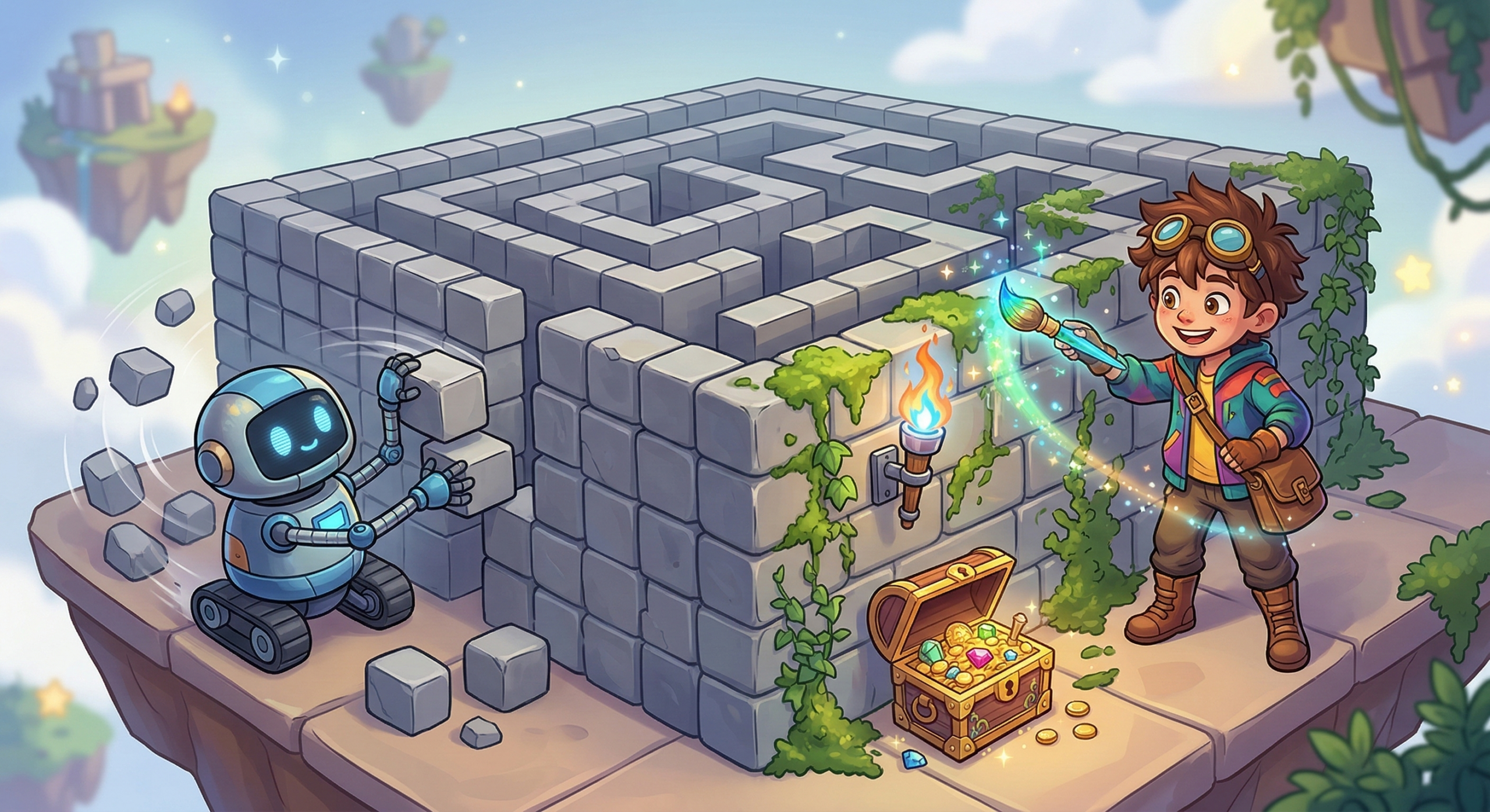 Robô simpático empilha blocos brutos de pedra, enquanto um arquiteto adiciona detalhes.