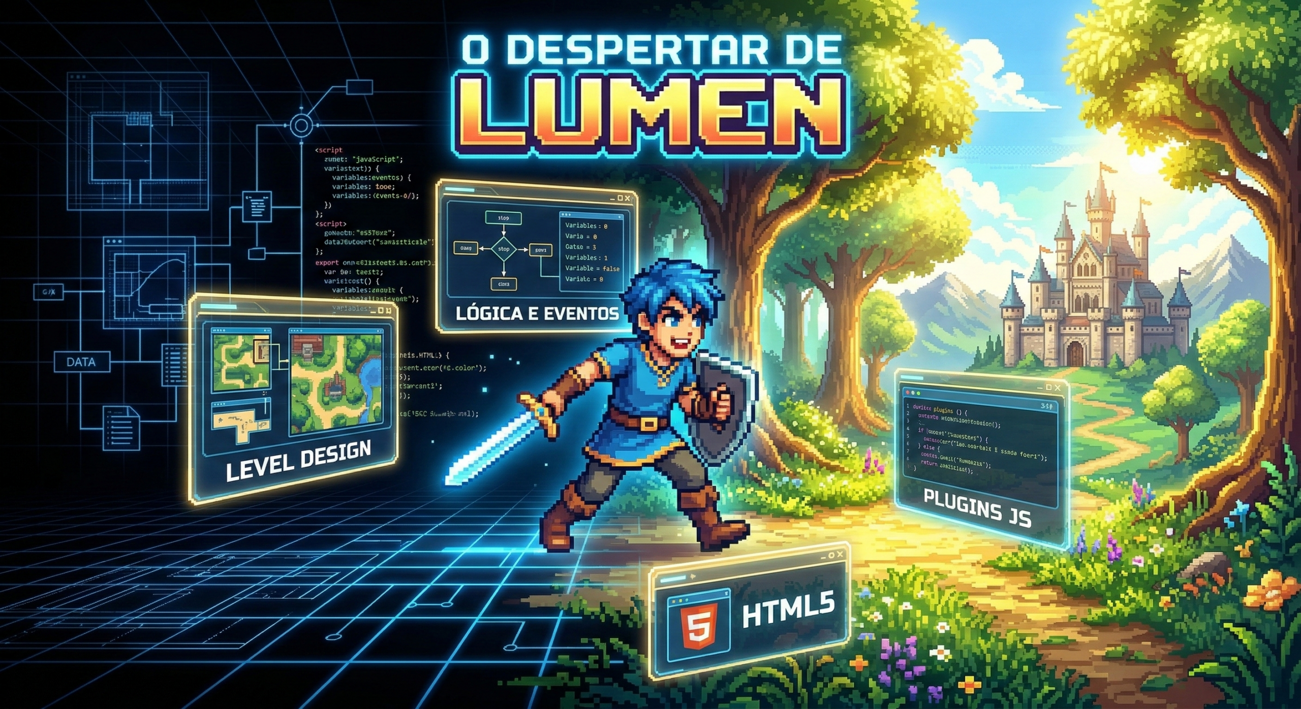 Ilustração de um herói de pixel art saindo de uma malha de código para um mundo vibrante.