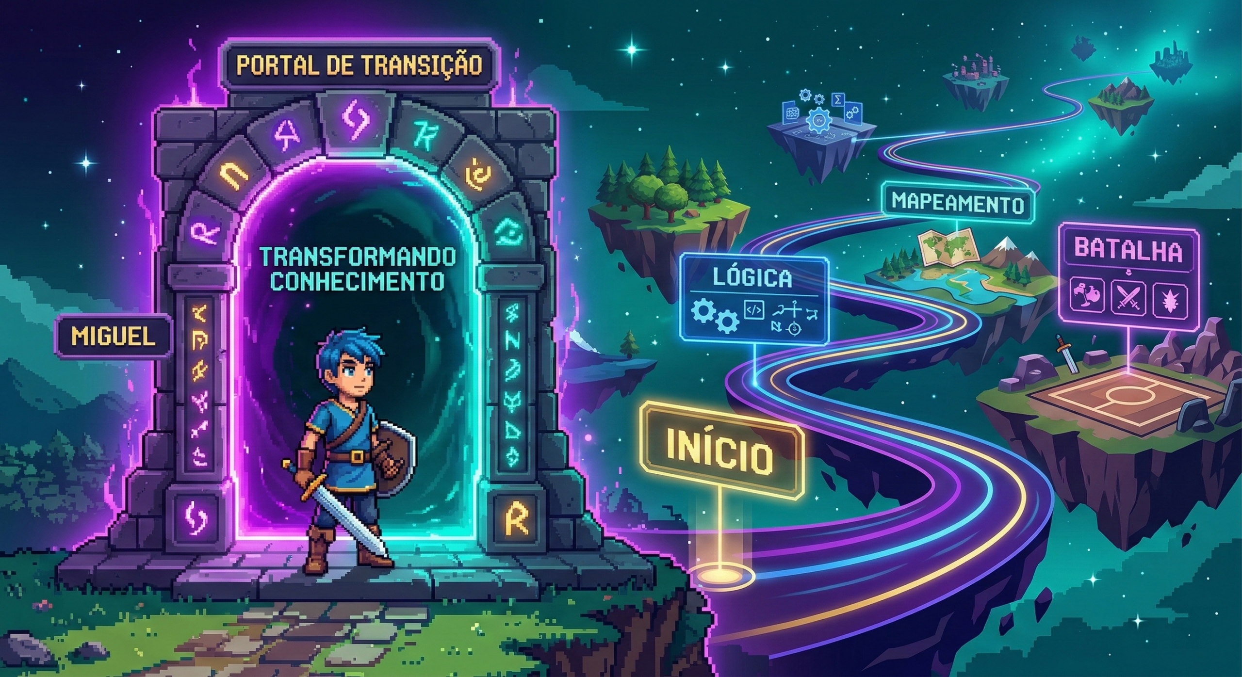Miguel diante de um portal brilhante simbolizando as etapas do curso.