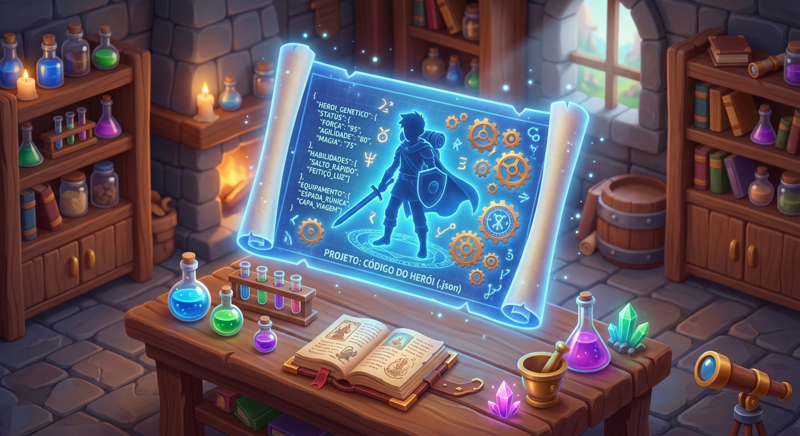 Ilustração 3D isométrica educativa. Um pergaminho mágico brilhante (planta-baixa holográfica azul) flutua sobre uma mesa de laboratório, mostrando silhuetas, engrenagens e códigos (.json).