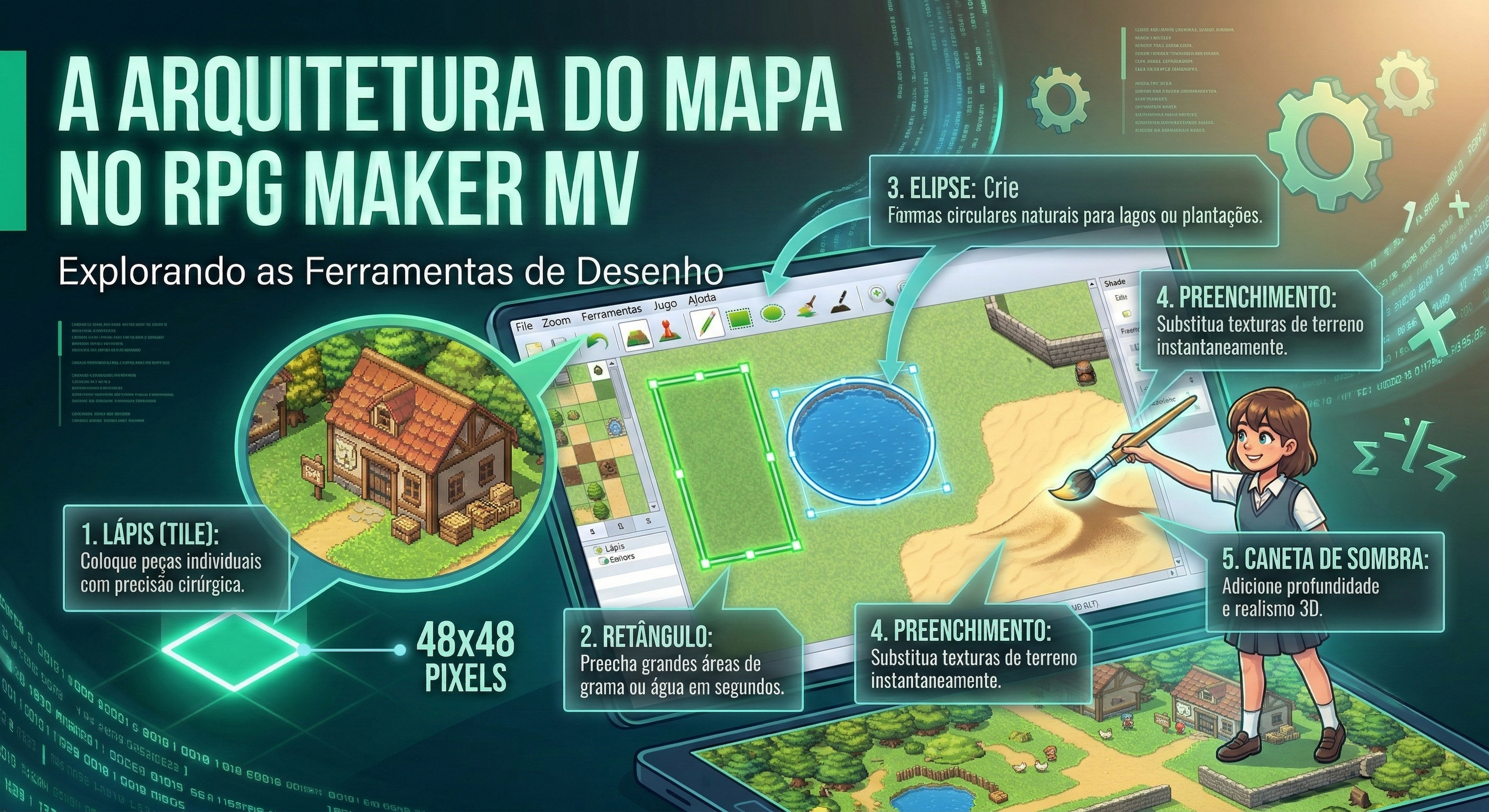 Ferramentas de desenho: Lápis, Retângulo, Elipse, Preenchimento e Caneta de Sombra.