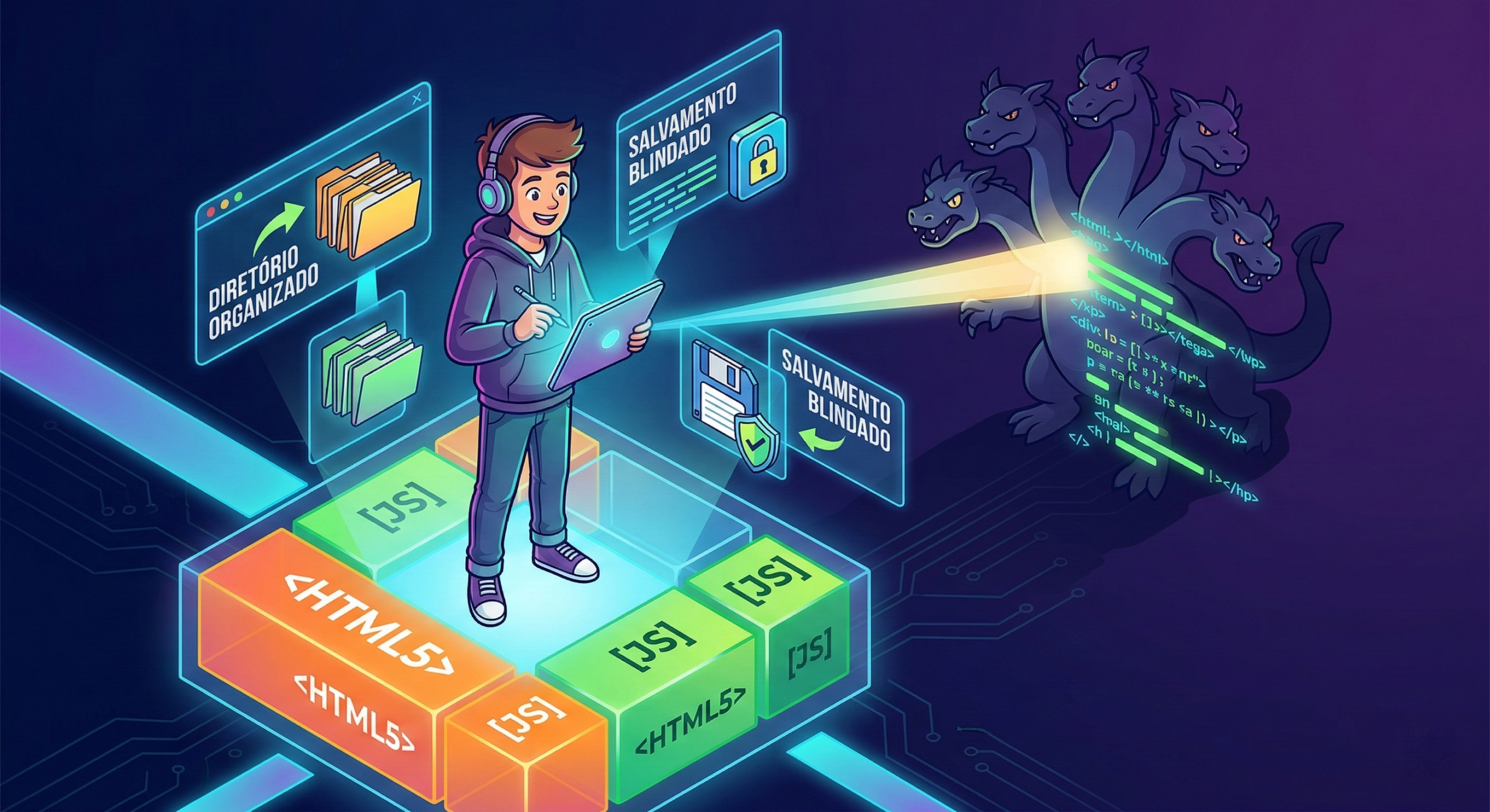Criador iniciante dissipando a sombra de um monstro de sete cabeças sobre blocos de código.