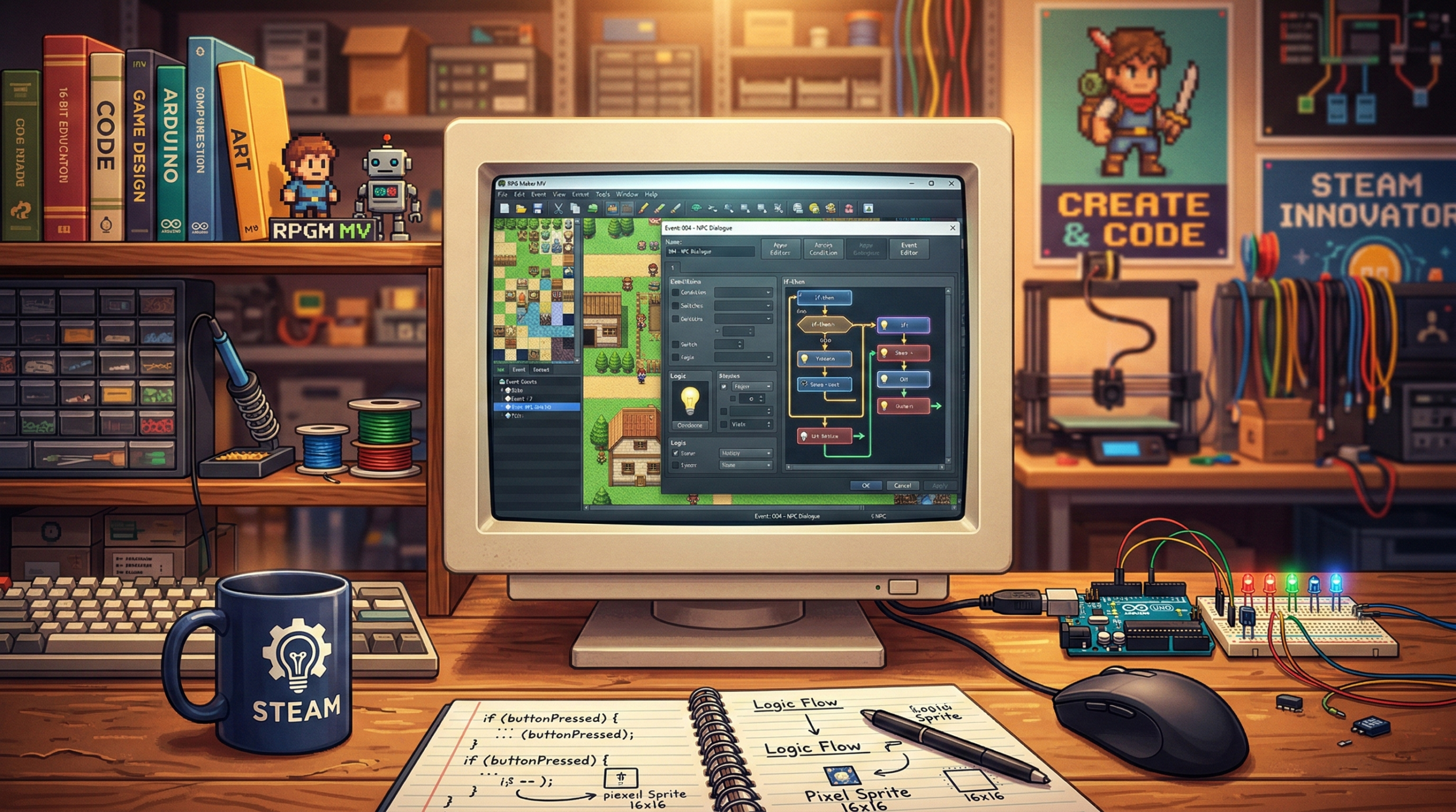 Mesa de trabalho tecnológica com monitor exibindo a interface do RPG Maker MV.