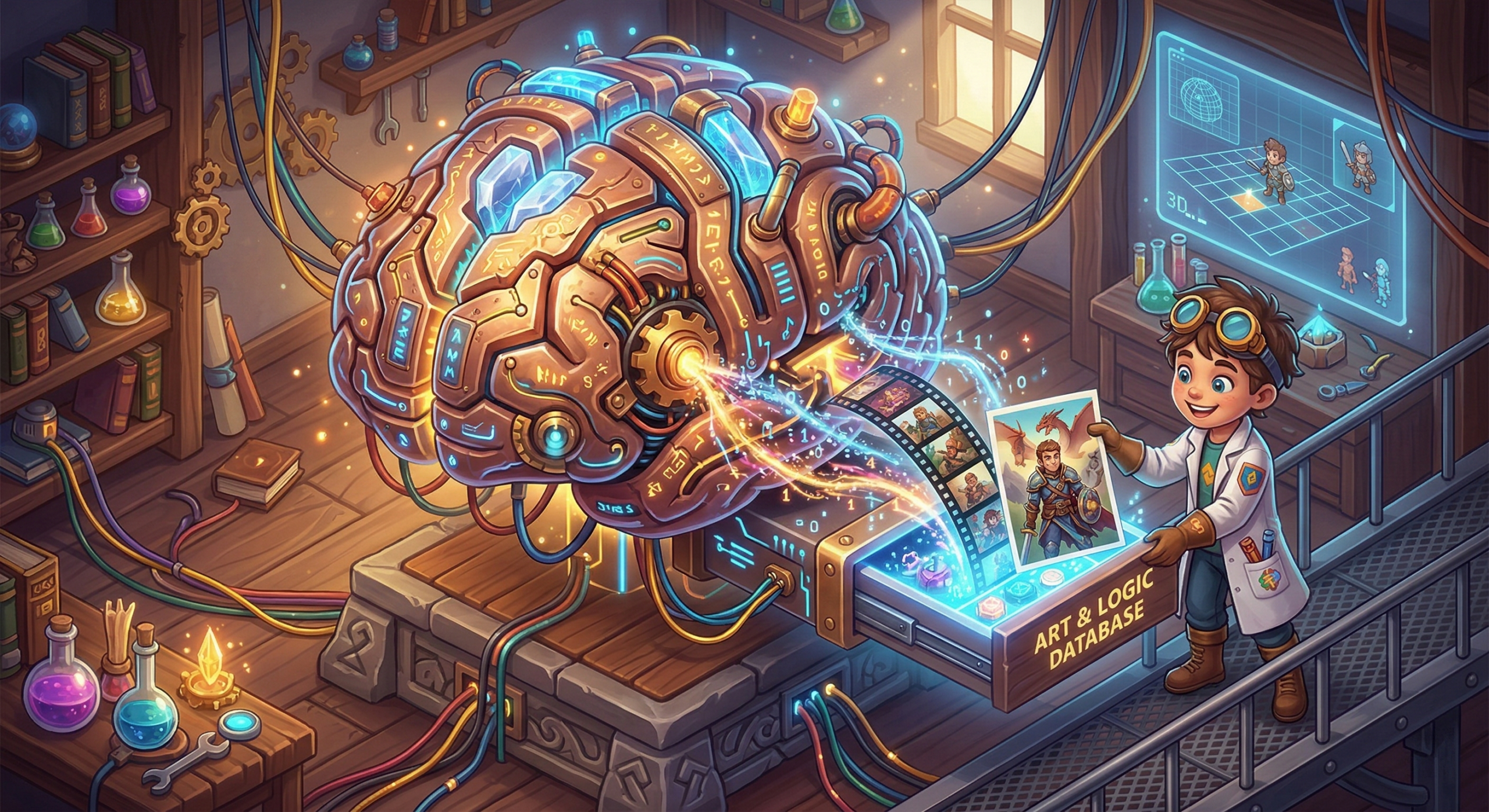 Ilustração 3D isométrica estilo fantasia moderna. Um cérebro mecânico gigante, brilhante e amigável, recebe fitas de filme e fotografias de um jovem cientista, simbolizando a conexão da arte com o Banco de Dados.