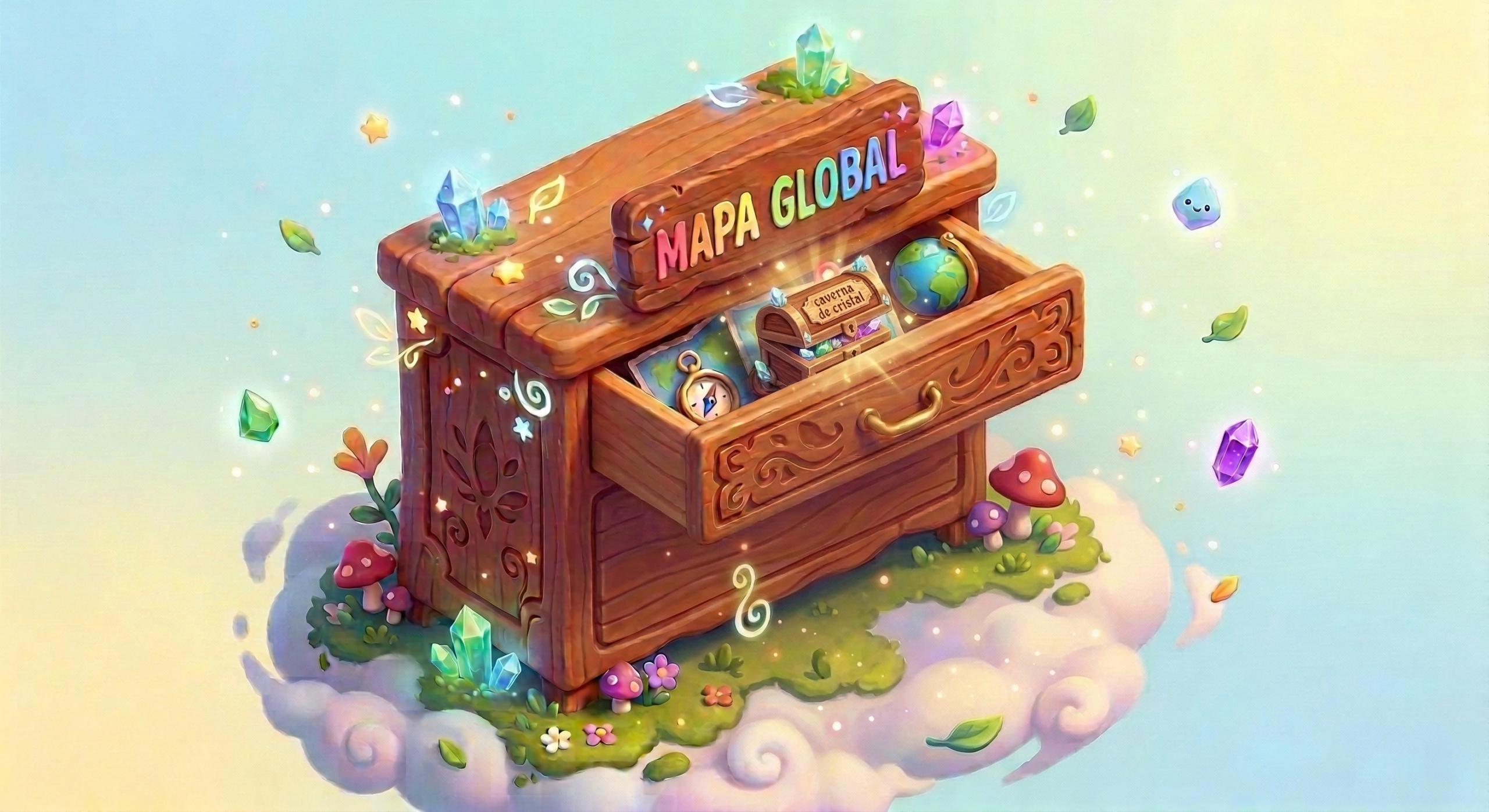 Ilustração isométrica mostrando gavetas mágicas de madeira. Uma gaveta grande MAPA GLOBAL contém uma gaveta menor CAVERNA aninhada.