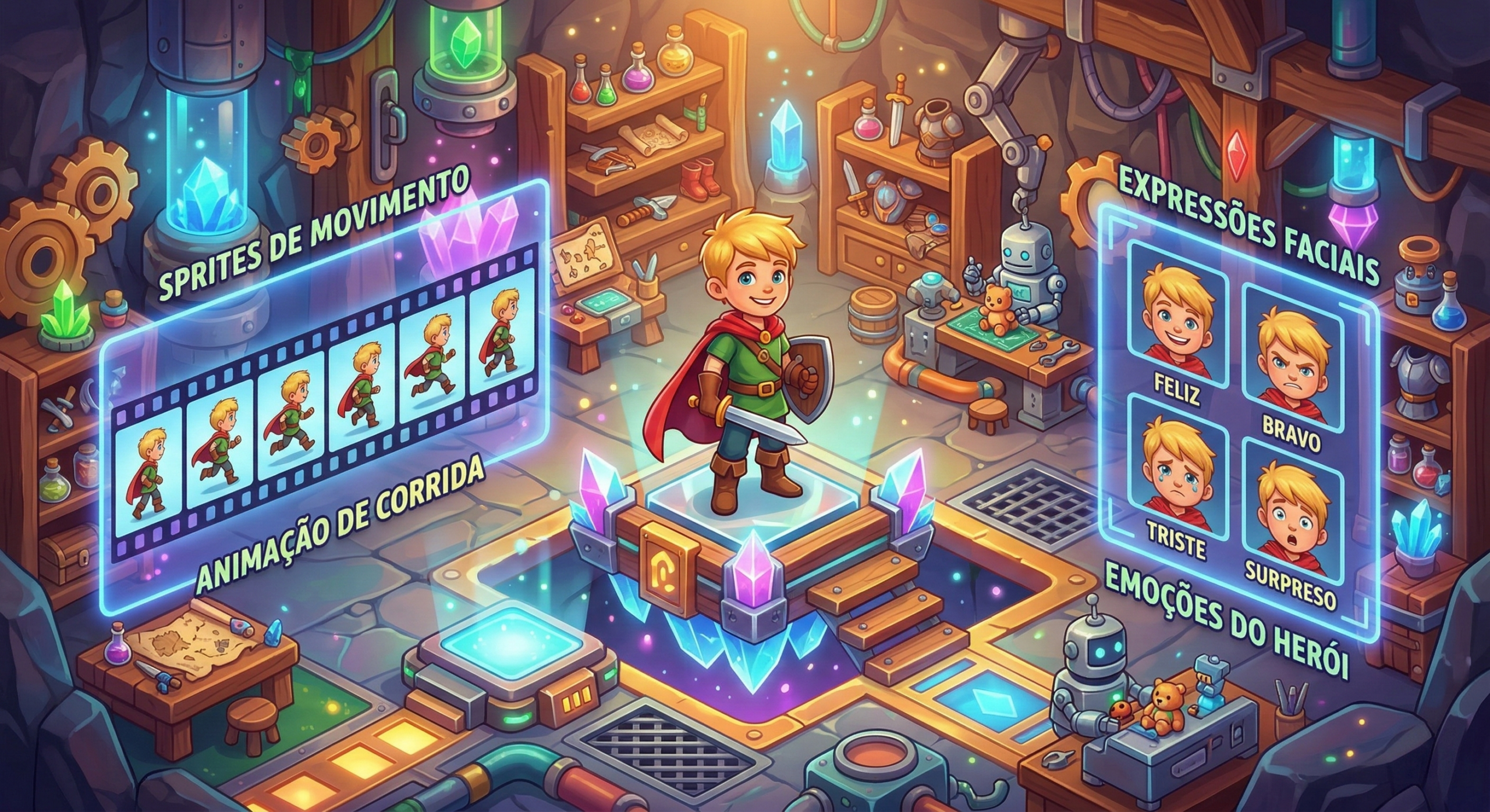 Ilustração isométrica de um laboratório de criação de heróis. Ao redor do boneco, flutuam painéis holográficos mostrando tiras de filme (Sprites) e quadros de emoções faciais (FaceSet).
