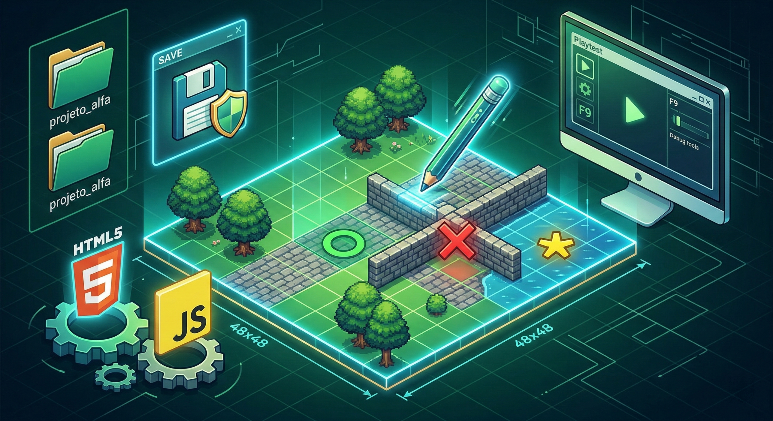 Ilustração isométrica dividida mostrando elementos técnicos e o mapa em construção.