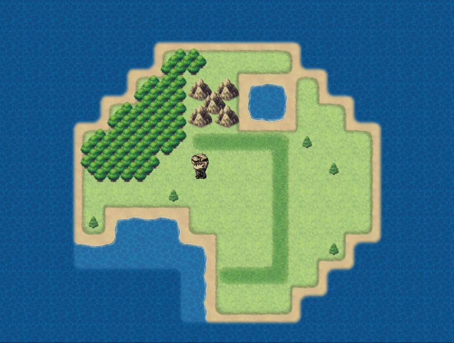 GIF animado mostrando o teste de jogo (Playtest) do RPG Maker MV. O personagem caminha por uma ilha verde cercada por mar, com florestas, montanhas e um lago, comprovando que todas as configurações de arte e lógica estão funcionando perfeitamente.