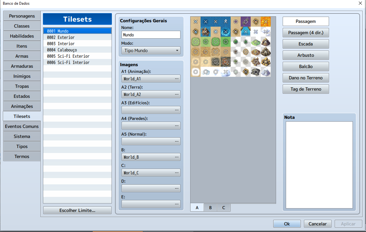 Aba Tilesets dentro do Banco de Dados do RPG Maker MV.