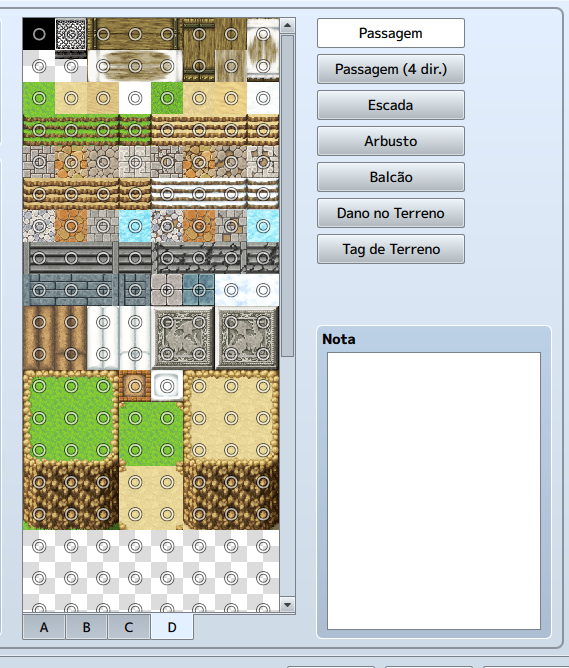 Painel de pré-visualização de tilesets com o botão Passagem ativo.