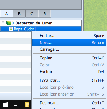 Ilustração da lista de mapas mostrando o clique com o botão direito sobre o item e a função Novo selecionada.