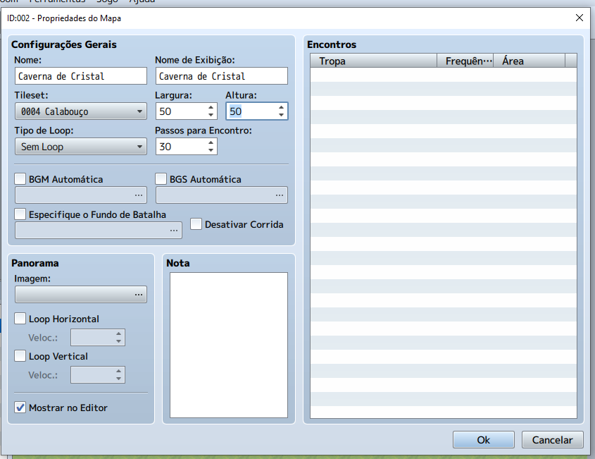 Janela de Propriedades do Mapa preenchida com o nome Caverna de Cristal.