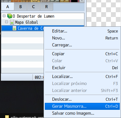 Menu de opções aberto ao clicar com o botão direito sobre a Caverna de Cristal. Função Gerar Masmorra selecionada.