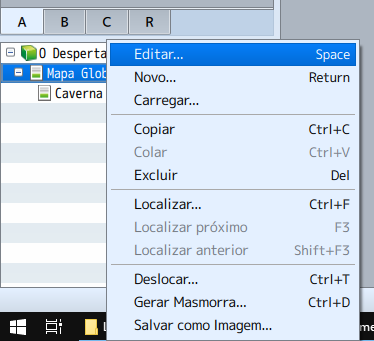Lista de mapas mostrando o clique com o botão direito com a opção Editar destacada.