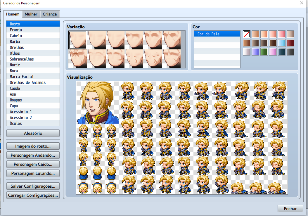 Interface principal do Gerador de Personagem mostrando as abas de customização (Rosto, Cabelo, Roupas) e o painel de visualização com o herói e sua folha de movimentos.