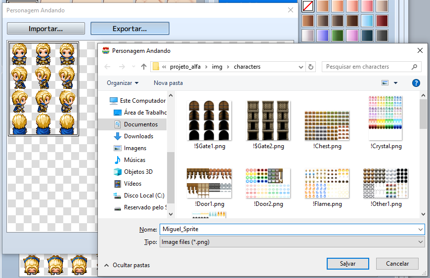 Janela do Windows Explorer sobreposta à interface do jogo, mostrando o salvamento do arquivo "Miguel_Sprite" dentro da pasta do projeto (img/characters).