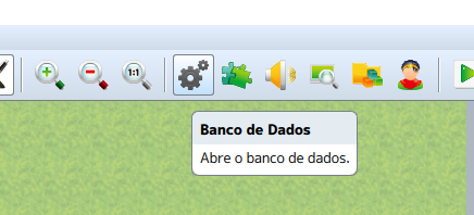 Detalhe da barra de ferramentas superior do RPG Maker MV, destacando o ícone de engrenagens do Banco de Dados com sua legenda flutuante "Abre o banco de dados".