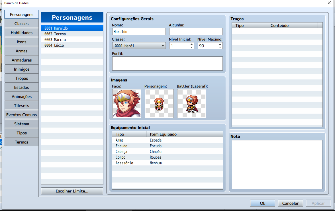 Janela principal do Banco de Dados do RPG Maker MV com a aba "Personagens" selecionada, exibindo a lista de heróis iniciais e suas configurações.