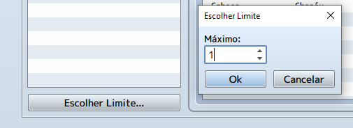 Janela flutuante "Escolher Limite" aberta sobre o Banco de Dados. O campo "Máximo" está configurado com o número 1, pronto para ser confirmado.