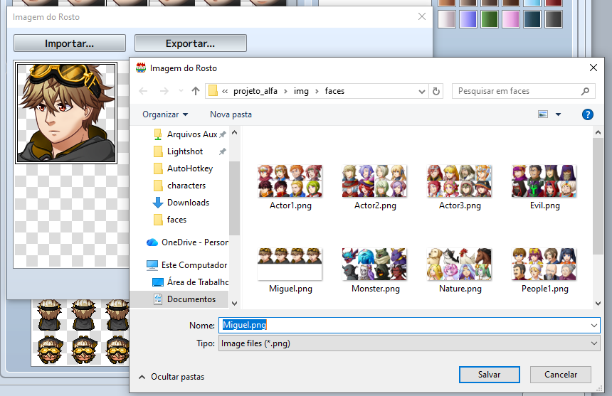 Interface do RPG Maker MV mostrando a janela "Imagem do Rosto" sobreposta por uma janela de salvamento do Windows. O arquivo está sendo nomeado como Miguel.png dentro da pasta img/faces do projeto.