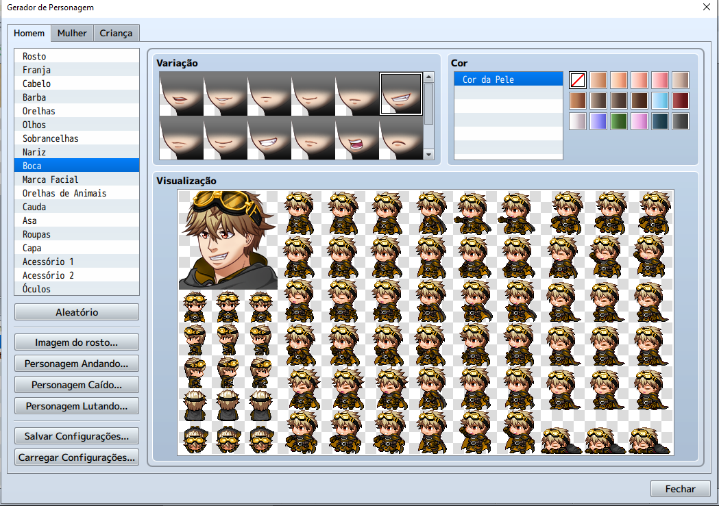 Interface do Gerador de Personagem no RPG Maker MV com a aba "Boca" selecionada. O personagem Miguel aparece com um sorriso aberto, pronto para ser adicionado ao álbum de fotos no segundo espaço da matriz.