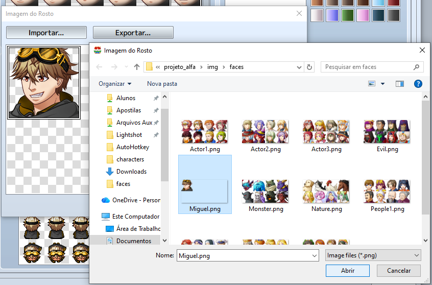 Captura de tela da janela "Imagem do Rosto" com uma janela de busca do Windows por cima, selecionando o arquivo Miguel.png para importar as expressões já salvas.