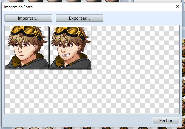 Janela "Imagem do Rosto" exibindo a matriz com dois slots preenchidos: o primeiro com o rosto neutro e o segundo com o rosto sorridente do herói.