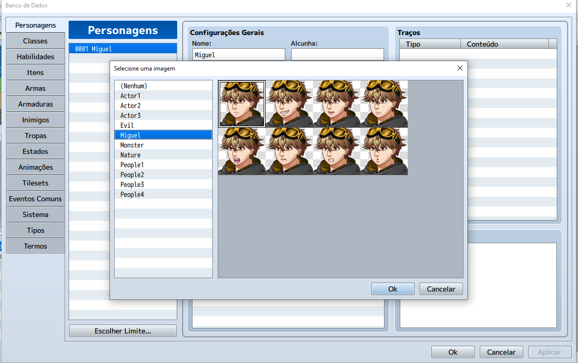 Janela de seleção "Selecione uma imagem" aberta sobre o Banco de Dados. Na lista à esquerda, o arquivo de rosto está selecionado em destaque azul.