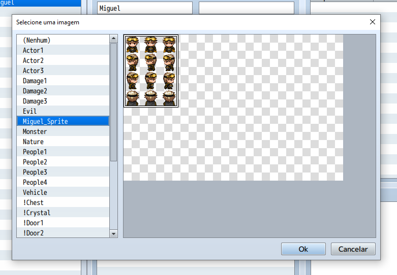 Janela de seleção de imagem exibindo a escolha do arquivo de Sprite. A pré-visualização mostra a folha com as animações de caminhada.