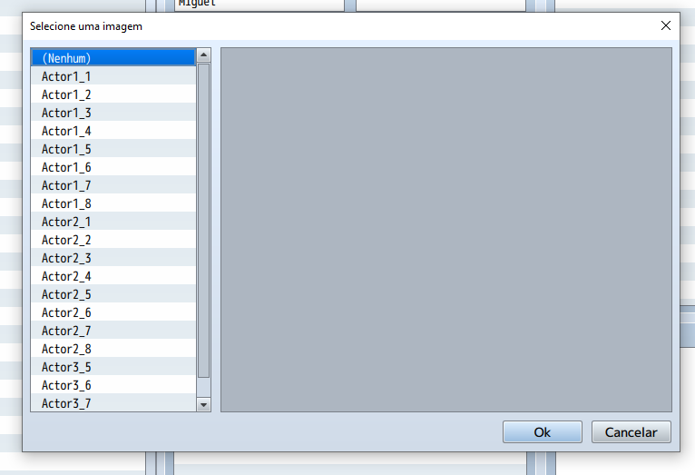 Janela de seleção de imagem para o campo "Battler". A opção "(Nenhum)" no topo da lista está selecionada em azul, e o painel de pré-visualização à direita está vazio.