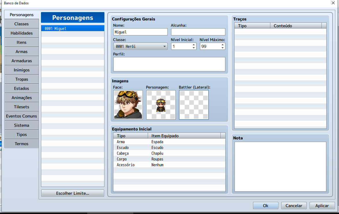 Janela principal do Banco de Dados na aba "Personagens". O campo "Nome" foi alterado e os campos de Imagens (Face, Personagem e Battler) aparecem configurados.