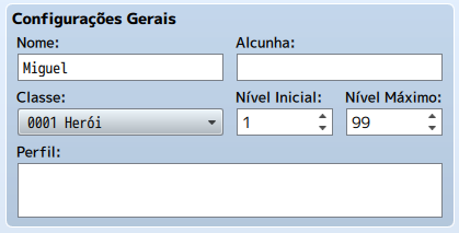 Recorte da interface do Banco de Dados focando especificamente no painel "Configurações Gerais", onde o campo de texto "Nome" acaba de ser preenchido com "Miguel".