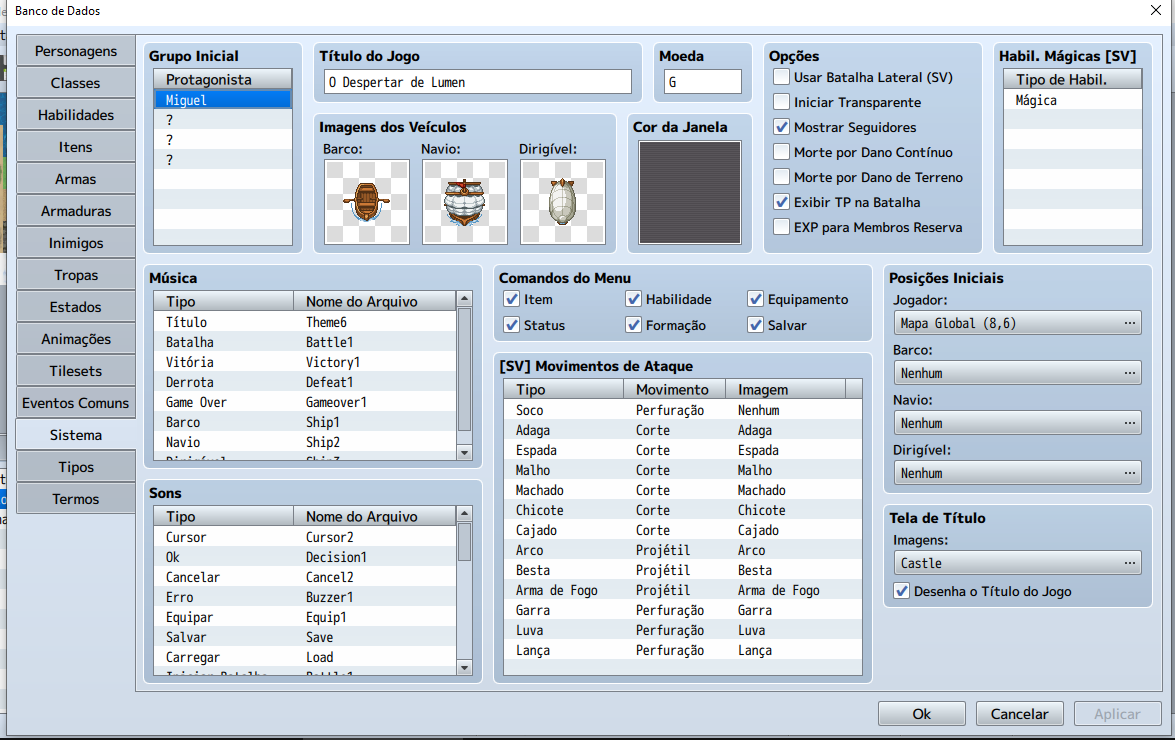 Janela principal do Banco de Dados no RPG Maker MV com a aba "Sistema" selecionada. No canto inferior direito, o painel "Tela de Título" exibe a imagem de fundo configurada como "Castle".
