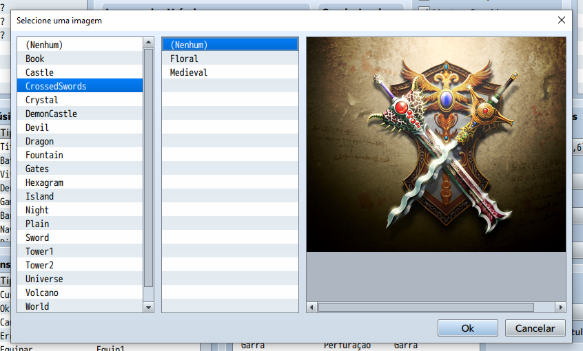 Janela "Selecione uma imagem" no RPG Maker MV, exibindo a lista de opções para a Tela de Título. A arte "CrossedSwords" está selecionada na esquerda, e a pré-visualização de duas espadas cruzadas aparece em destaque na direita.
