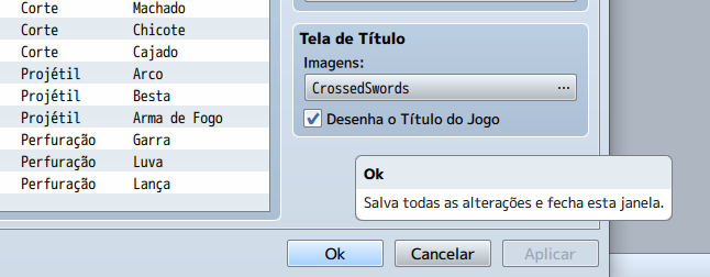 Captura de detalhe do Banco de Dados no RPG Maker MV, destacando o botão "Ok" com a legenda flutuante "Salva todas as alterações e fecha esta janela". No painel acima, a Tela de Título já aparece configurada com a arte "CrossedSwords".